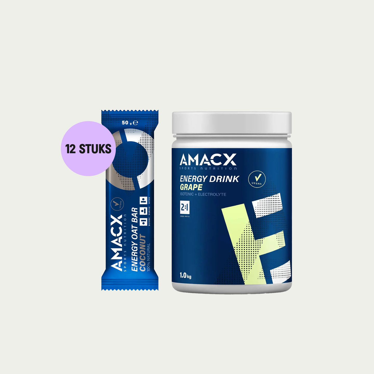 Sportvoeding Aanbieding van Amacx. Amacx energierepen coconut en Isotone sportdrank grape. Snelle energie voor duurprestaties.