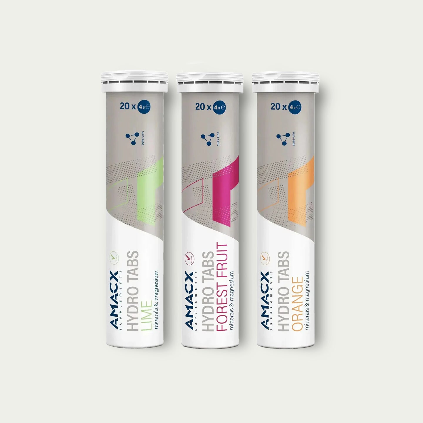 Amacx Hydro Tabs Combi – elektrolytentabletten in lime, forest fruit en orange voor hydratatie bij duursport.