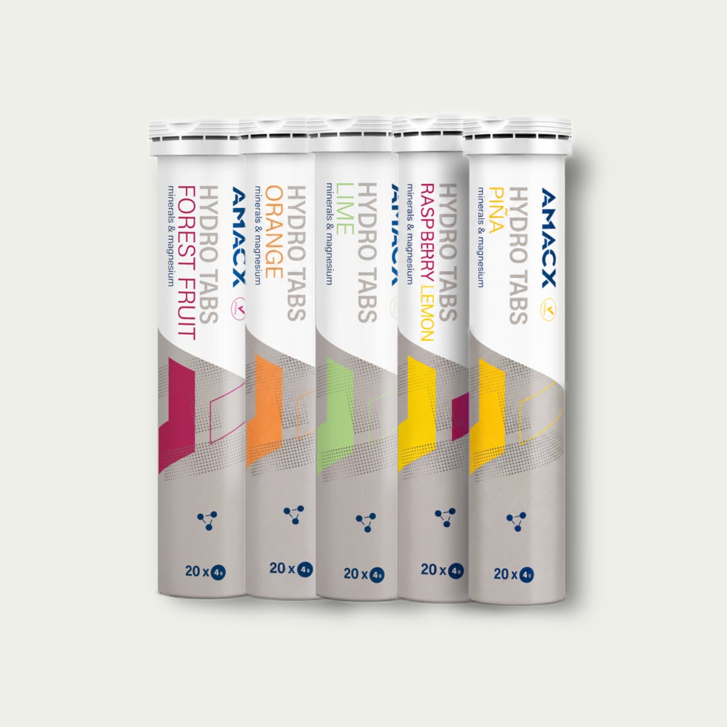 Amacx Hydro Tabs Combi – elektrolytentabletten in lime, forest fruit en orange voor hydratatie bij duursport.