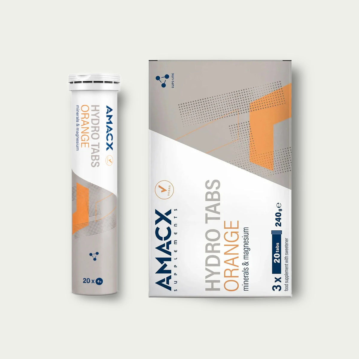 Amacx Hydro Tabs Orange – elektrolyten tabletten met magnesium voor snelle hydratatie tijdens duursport.