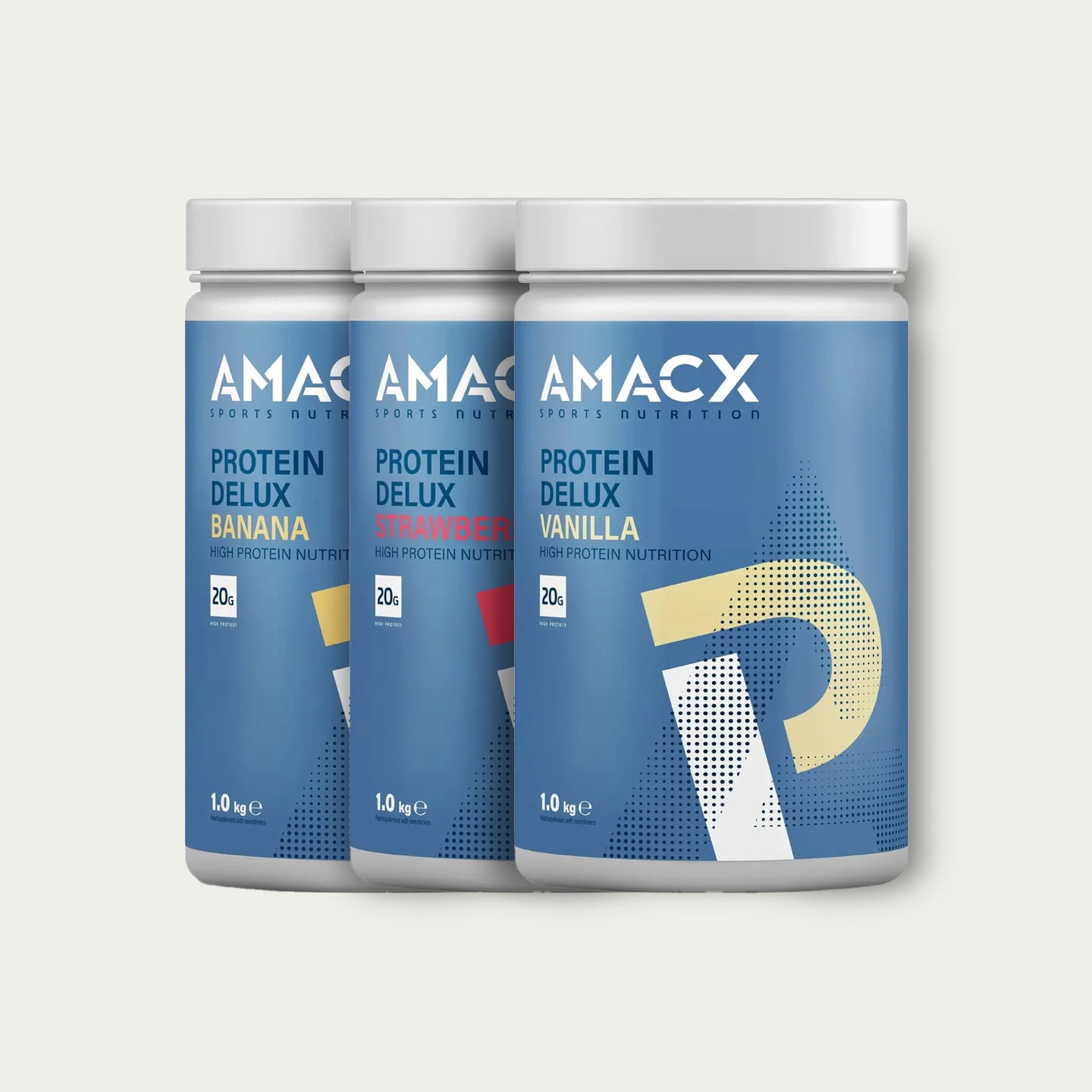 Amacx Protein Deluxe Combi – proteïneshake in vanille, aardbei en banaan voor spieropbouw en herstel.