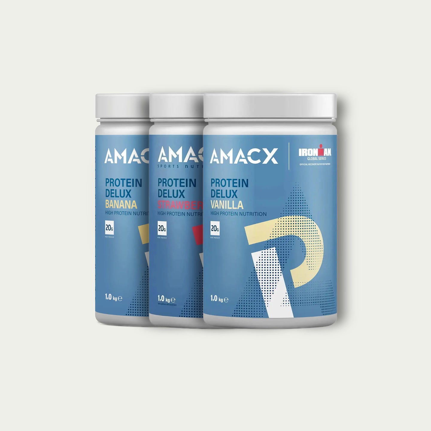 Amacx Protein Deluxe Combi – proteïneshake in vanille, aardbei en banaan voor spieropbouw en herstel.