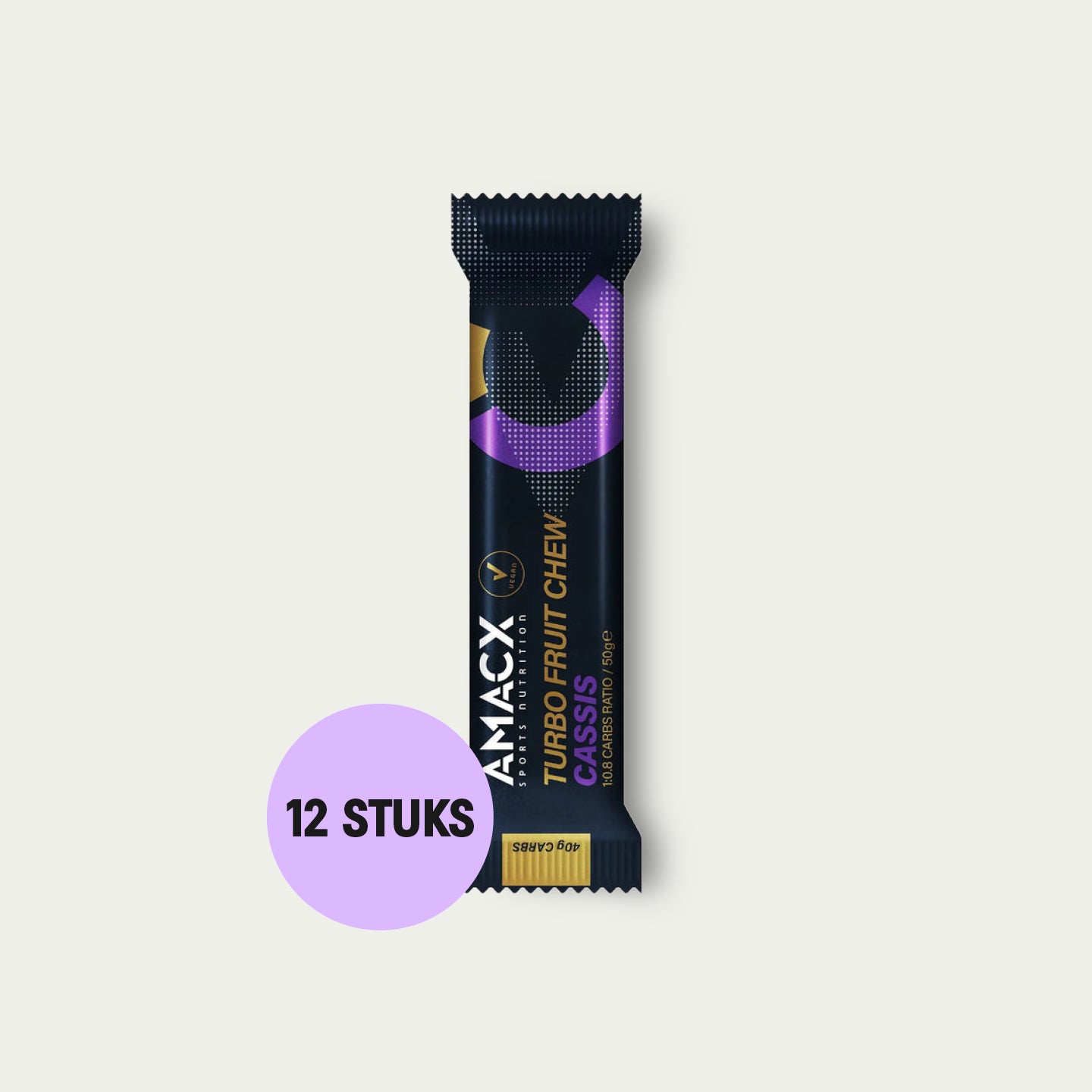 Amacx Turbo Fruit Chew Cassis, 12 stuks – fruitige energiebloks voor triathlon.