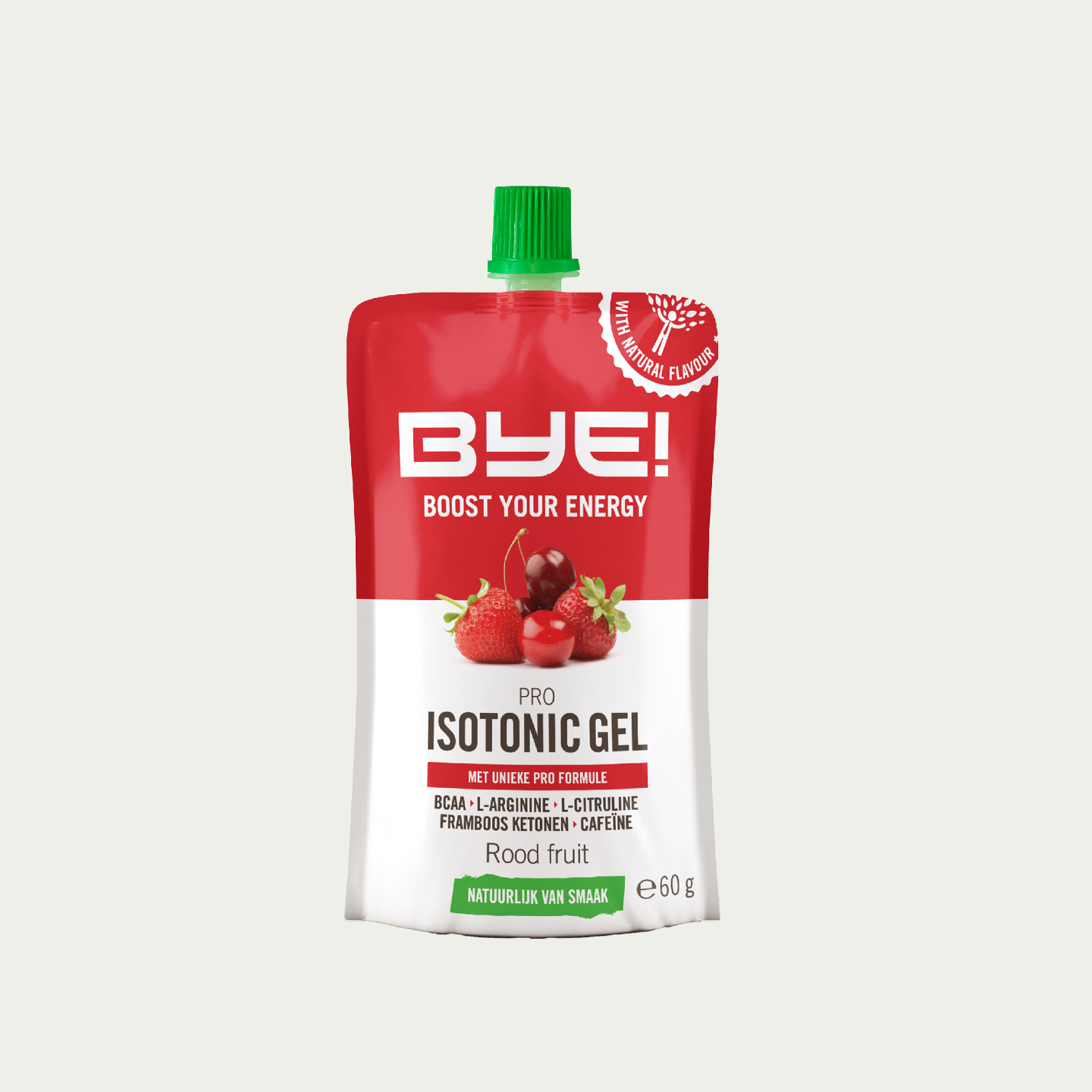 BYE sportvoeding. Isotone Gels van BYE met BCAA’s, L-Arginine en L-Citrulline. Cafeïne voor de boost