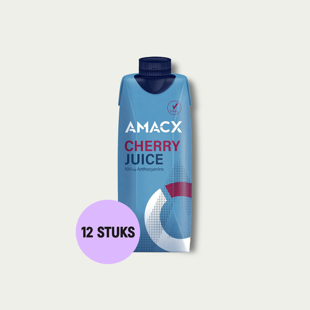 Amacx Cherry Juice, 12 stuks – kersensap met 100 mg anthocyanen voor herstel na wielrennen.
