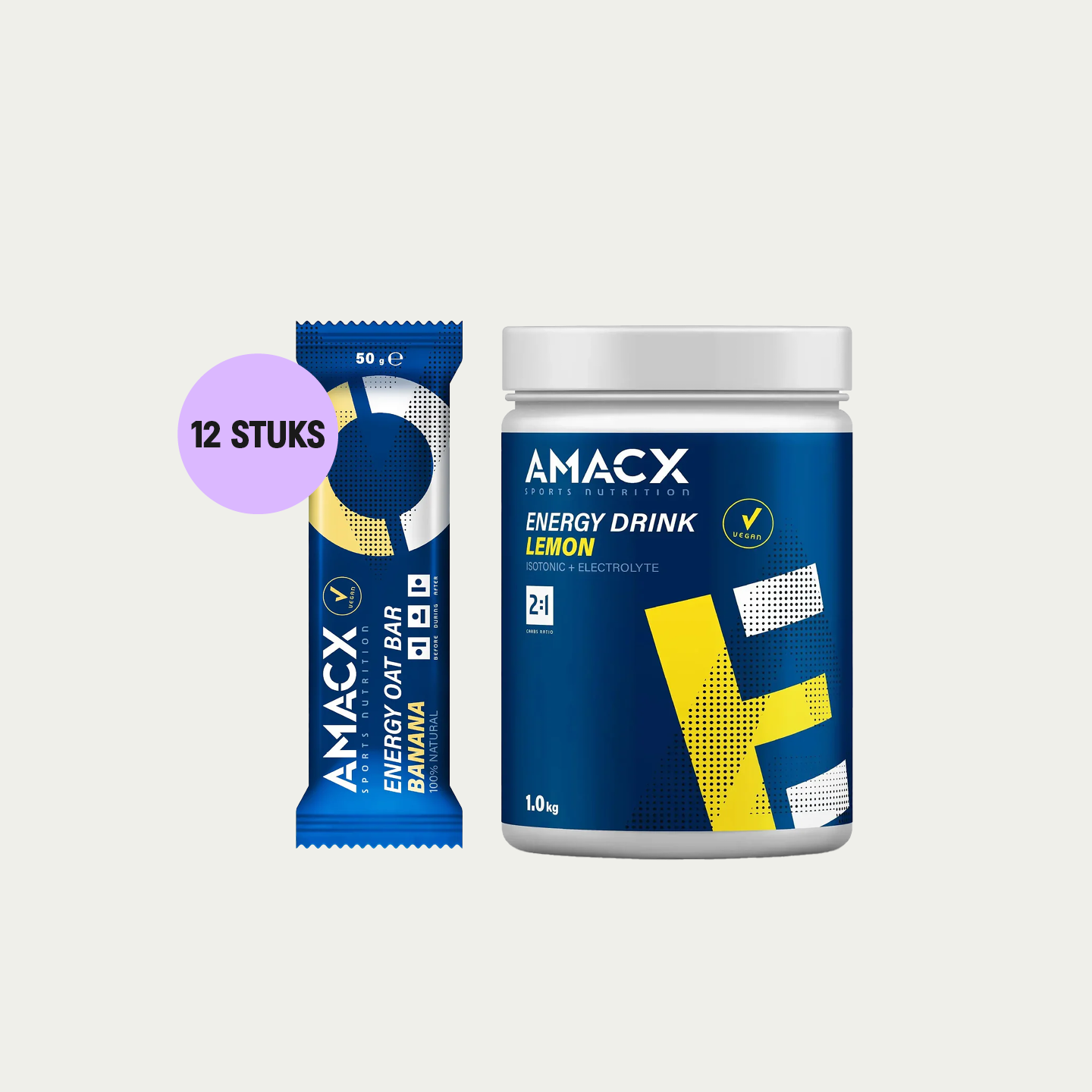 Sportvoeding aanbieding van Amacx met 12x energierepen en 1x elektrolyten sportdrank bij sportvoedingdirect