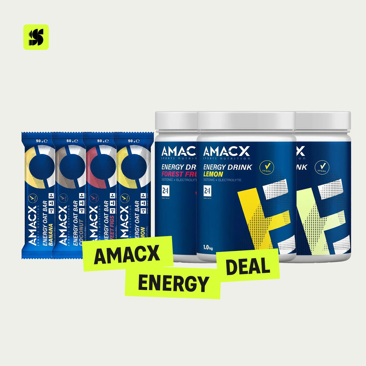 Een Amacx sportvoedingspakket met diverse gels, een energiereep en Elektrolytenpoeder, voor duursporters.