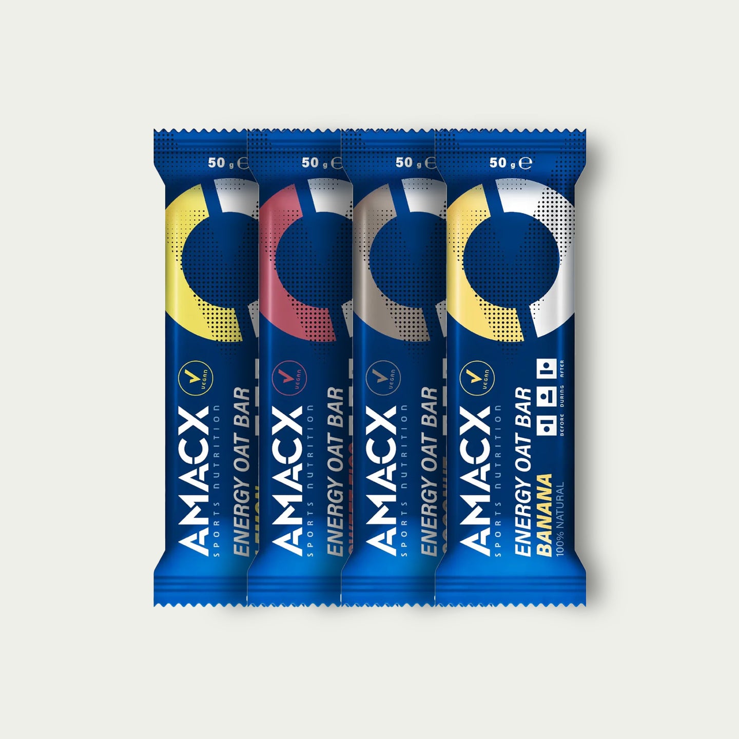 Amacx Energy Oat Bar Combi – mix van havermoutrepen met kokos, banaan, citroen en vijg voor duursporters.
