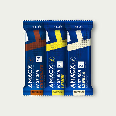 Amacx Fast Bar Combi – energierepen in chocolate, lemon en vanilla met koolhydraten voor duursport.