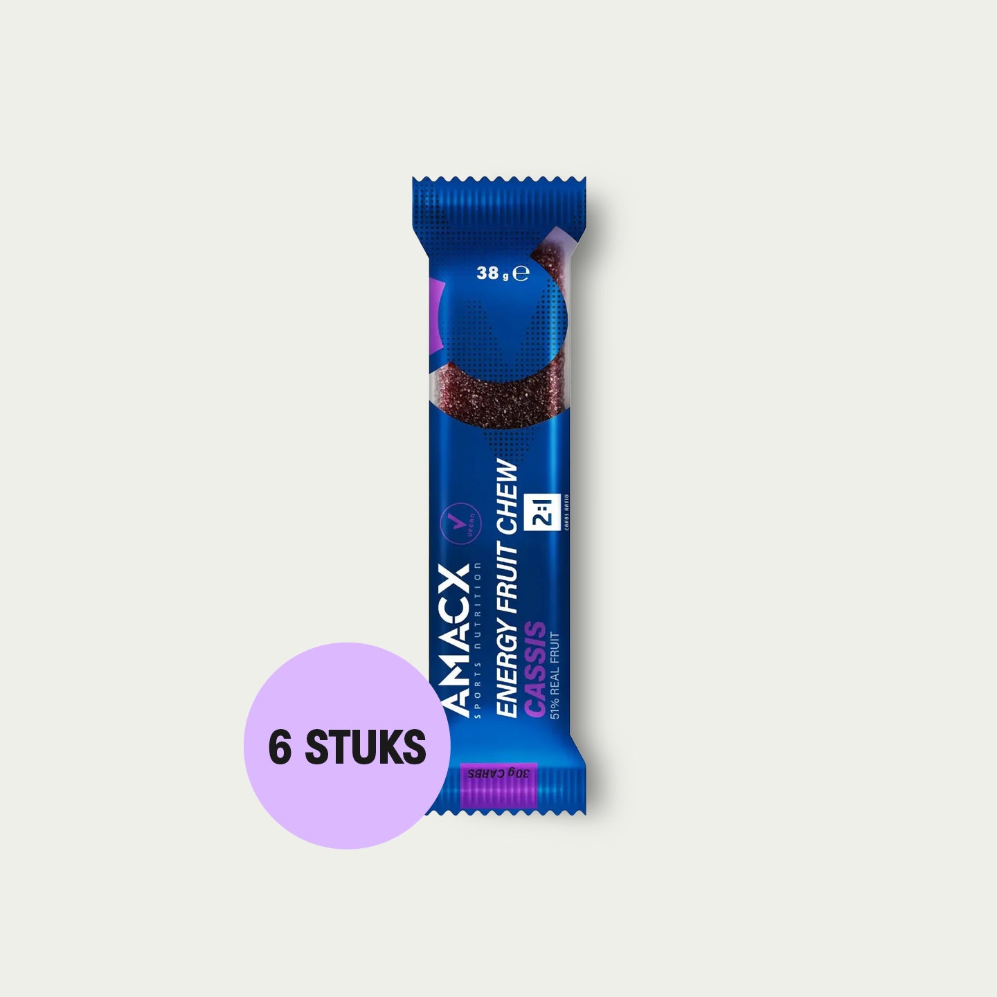 Amacx Energy Fruit Chew Cassis 6 stuks – fruit energiebrok voor extra energie tijdens hardlopen of fietsen.