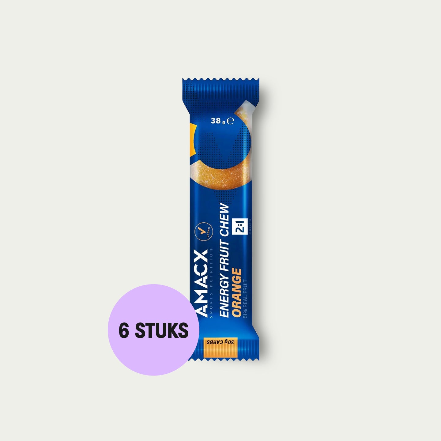Amacx Energy Fruit Chew Orange 6 stuks – fruit energiebrok voor snelle energie tijdens fietsen of lopen.