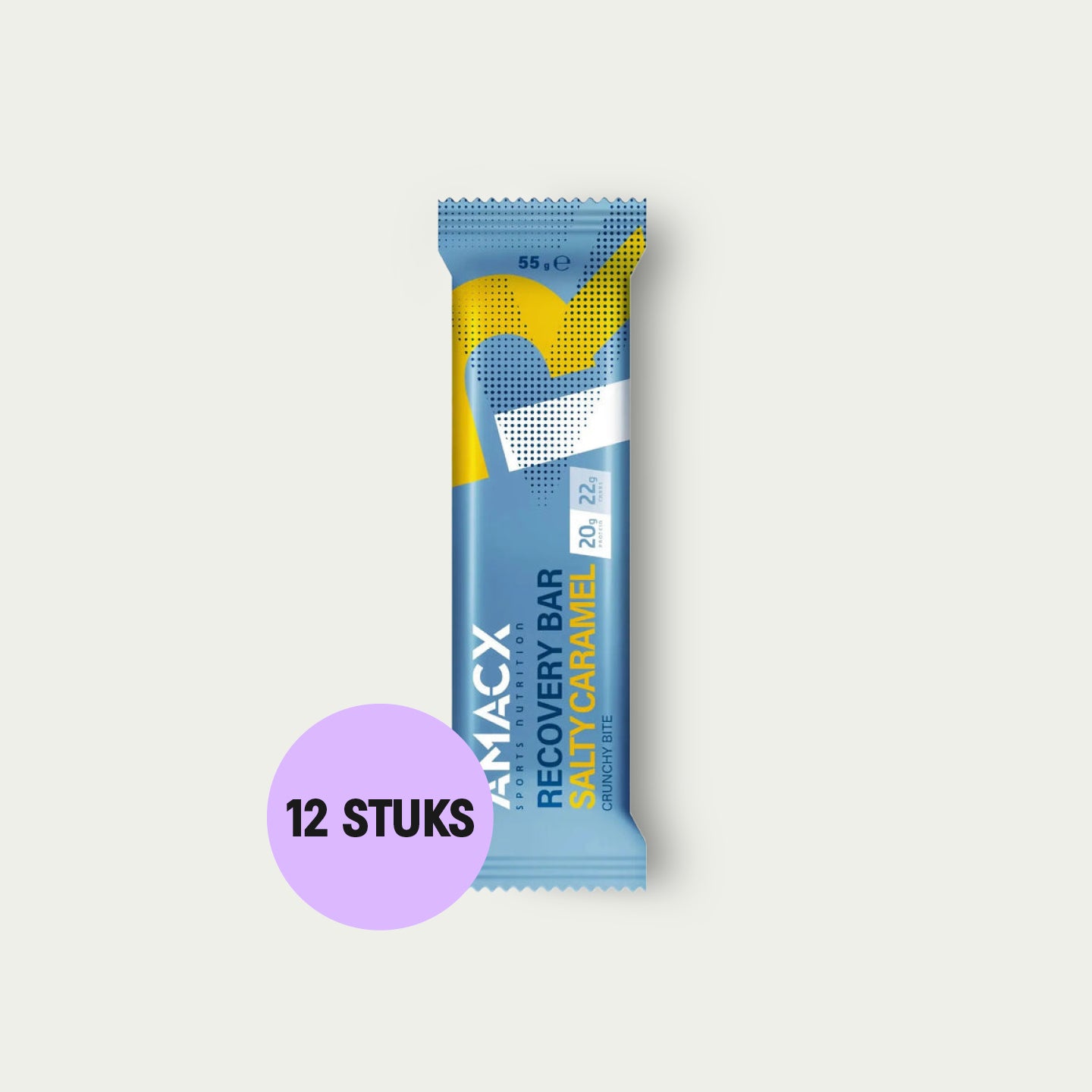 Amacx Recovery Bar Salty Caramel 12 stuks – eiwitrijke reep met koolhydraten voor spierherstel na training.