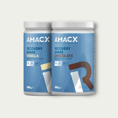 Amacx Recovery Shake Combi – eiwitrijke hersteldrank in vanille en chocolade voor spierherstel na training.