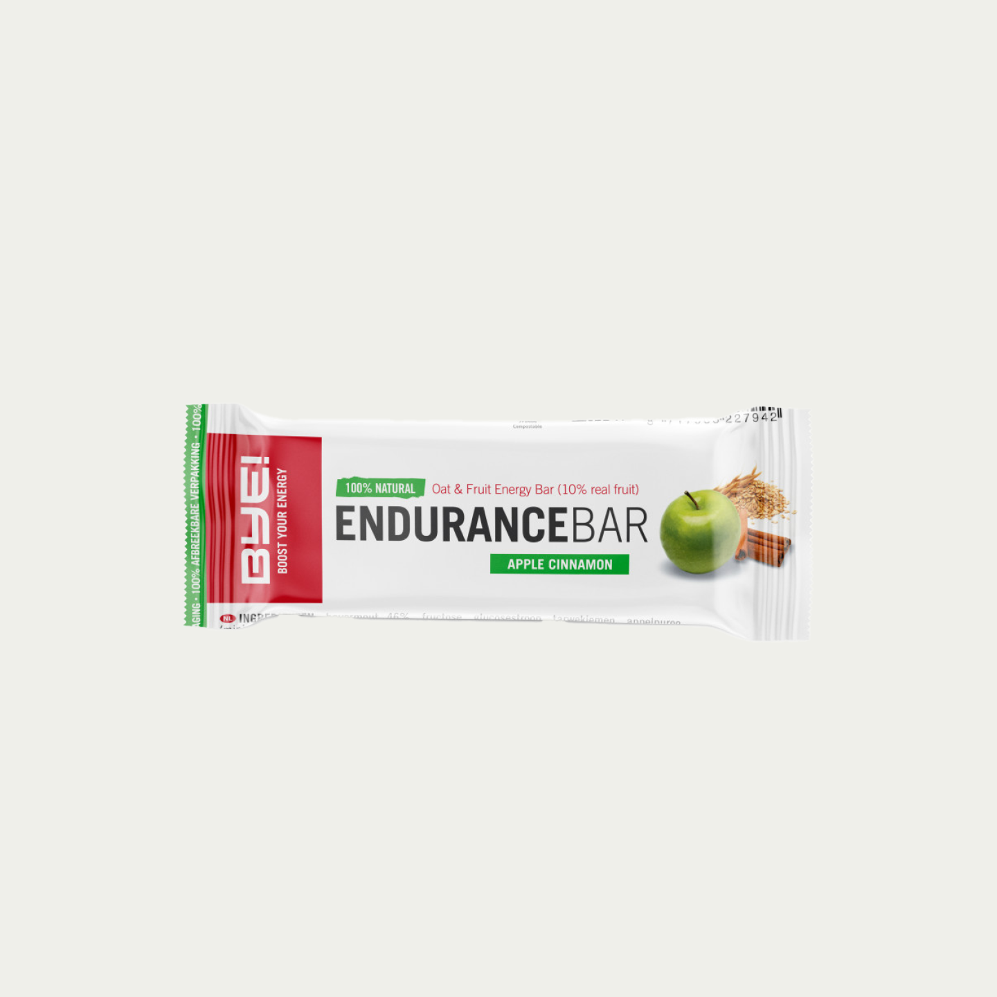 BYE Endurance bar met de smaak appelkaneel. is een energiereep met natuurlijke smaken. Verkrijgbaar bij SportvoedingDirect