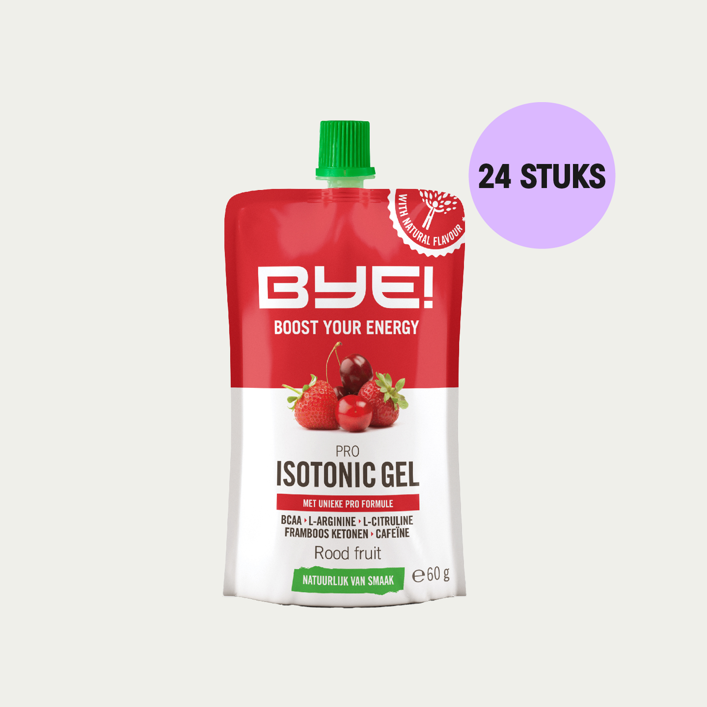 Isotone gelletjes voor marathon van het merk. BYE. Gels met BCAA’s, L-Arginine en L-Citrulline. Cafeïne voor de boost
