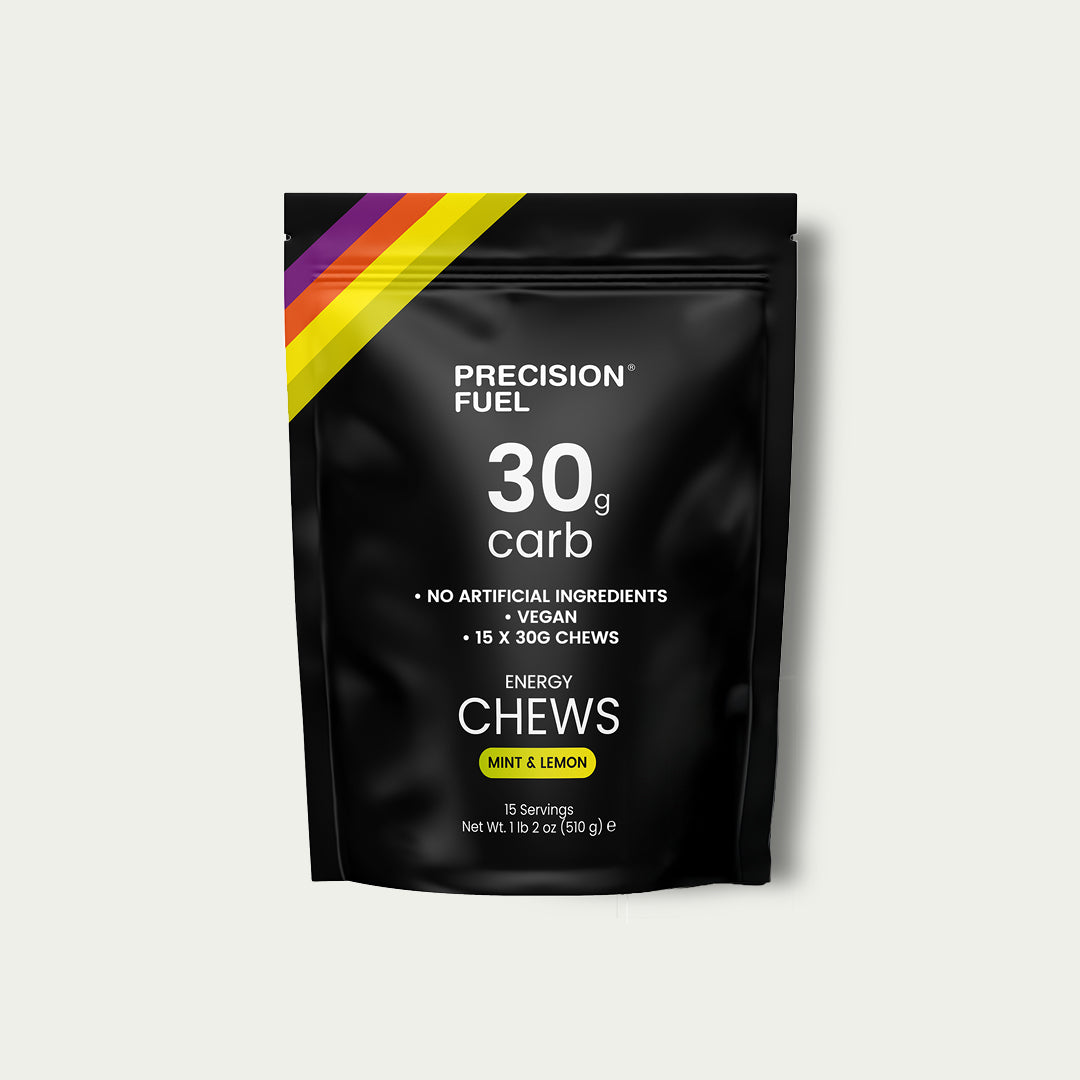 Precision Chew Bar 30 Mint 15 stuks – energieblokjes met menthol voor frisse energie tijdens triathlon.